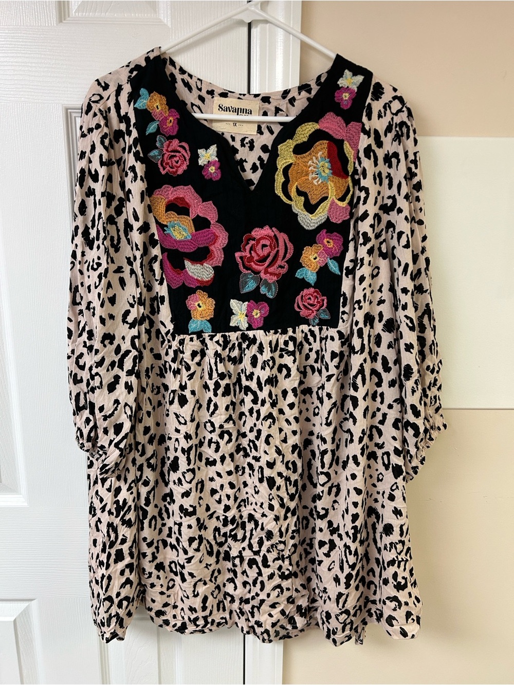 Savanna Jane Pink Leopard Print Blouse with Black Floral Embroidered Yoke